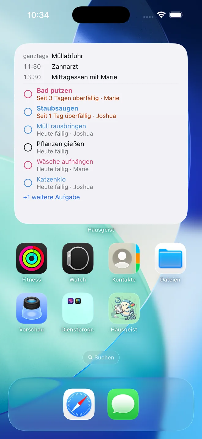Hausgeist widget on the home screen: today’s appointments and chores with due date and assigned person, overdue ones highlighted in red