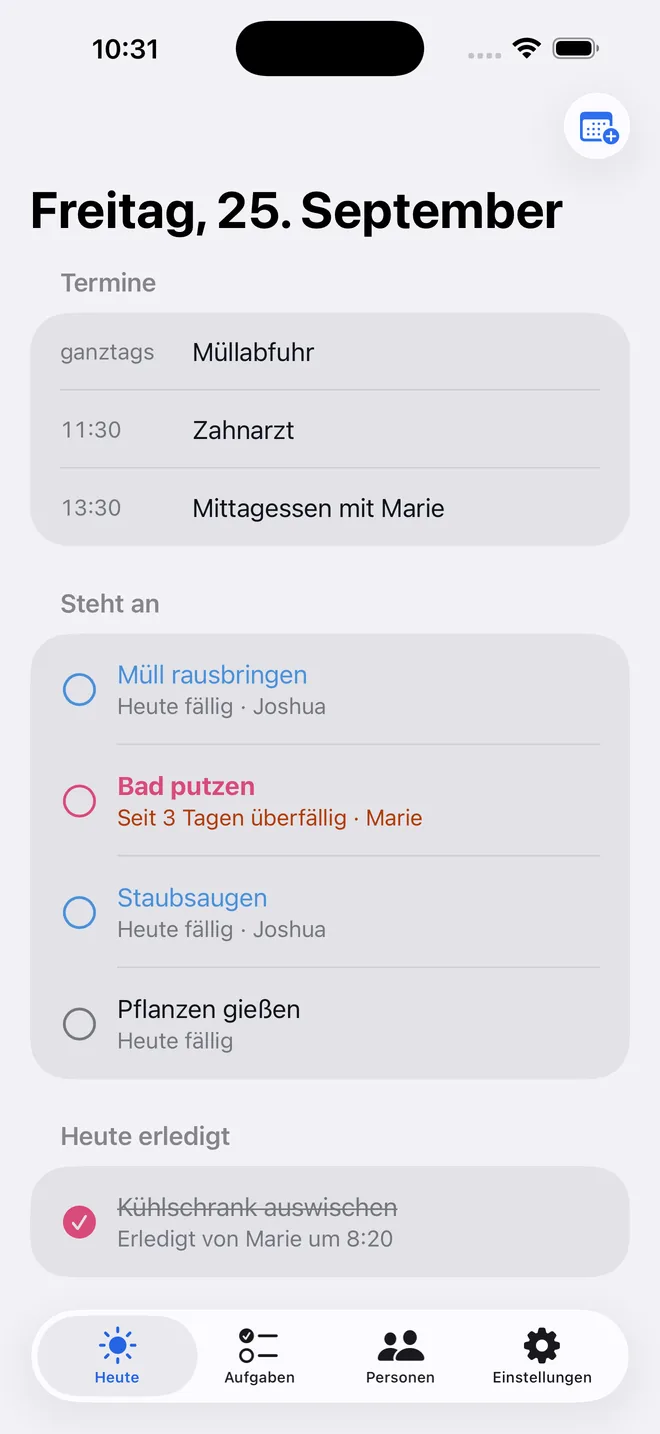 Day view “Freitag, 25. September”: calendar appointments, upcoming chores such as “Bad putzen” (clean the bathroom), three days overdue, and chores done today
