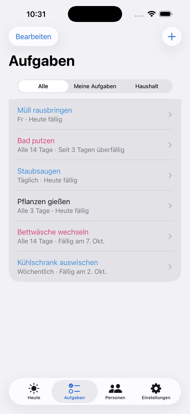 Chore list with the tabs All, My chores and Household; each chore shows its interval, such as every 14 days or daily, and when it is next due