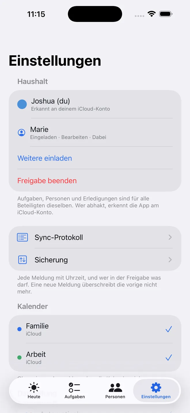 Settings, household section: two members in a shared household, plus options to invite more people or stop sharing