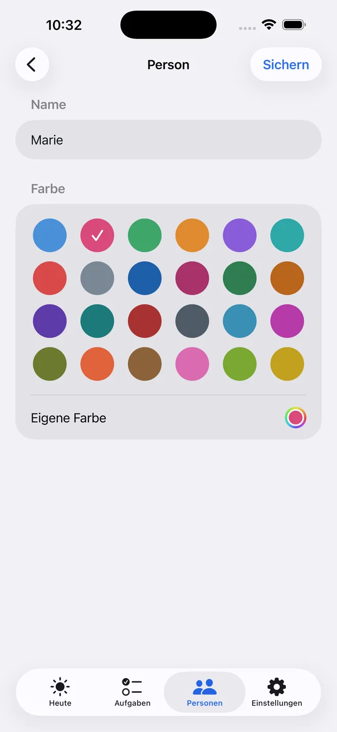 Editing a person: name “Marie” and a choice of 24 colours, plus a custom colour