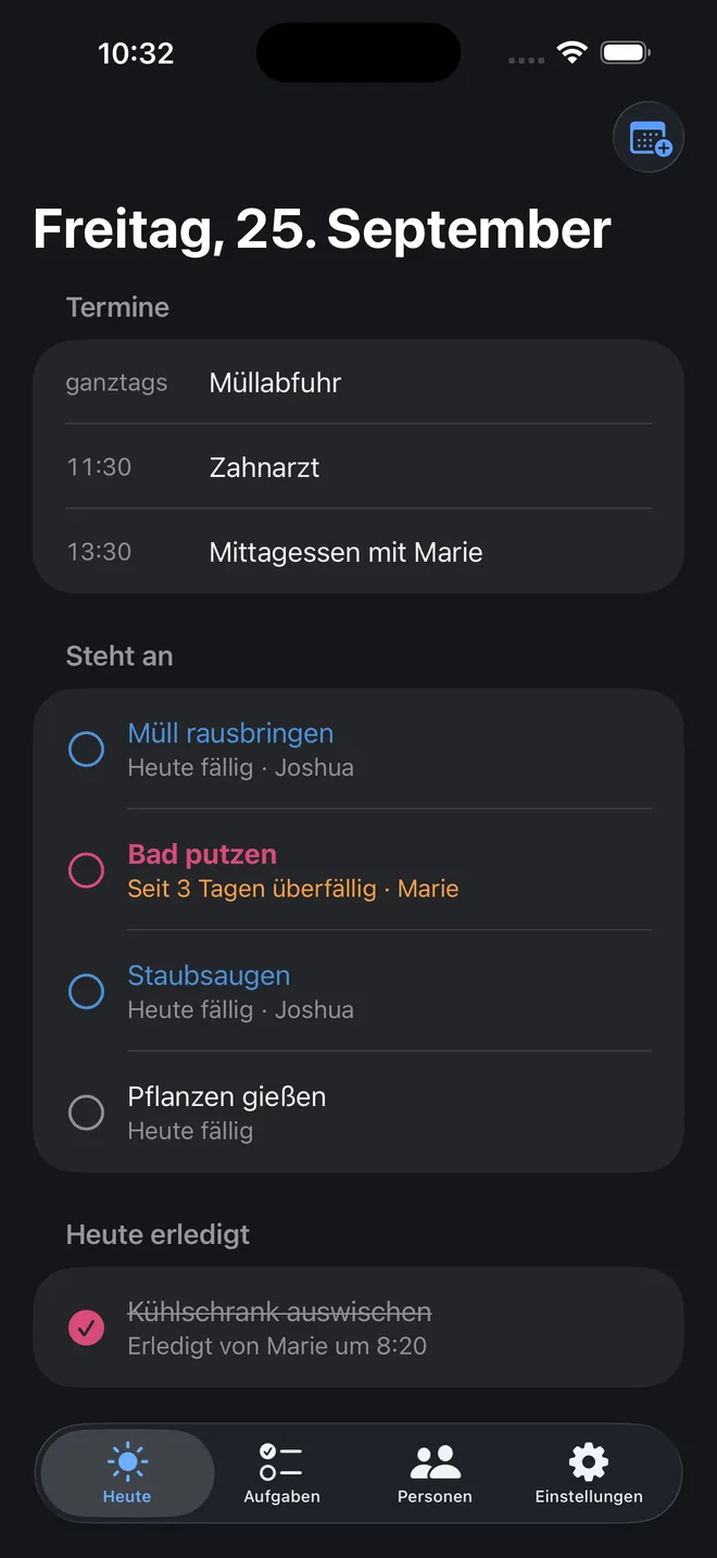 The day view in dark mode with appointments, upcoming and completed chores
